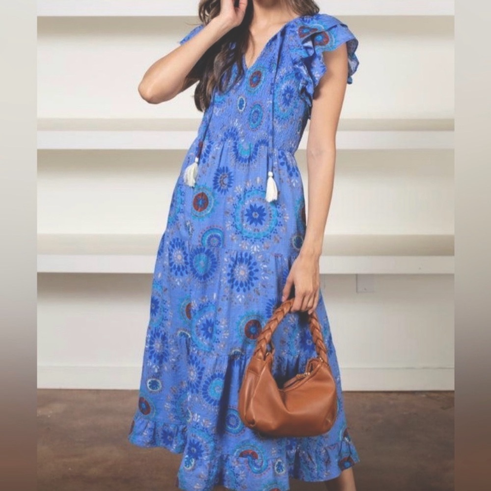 Thml Smocked Midi Dress With Flutter Sleeves. Siz… - image 1